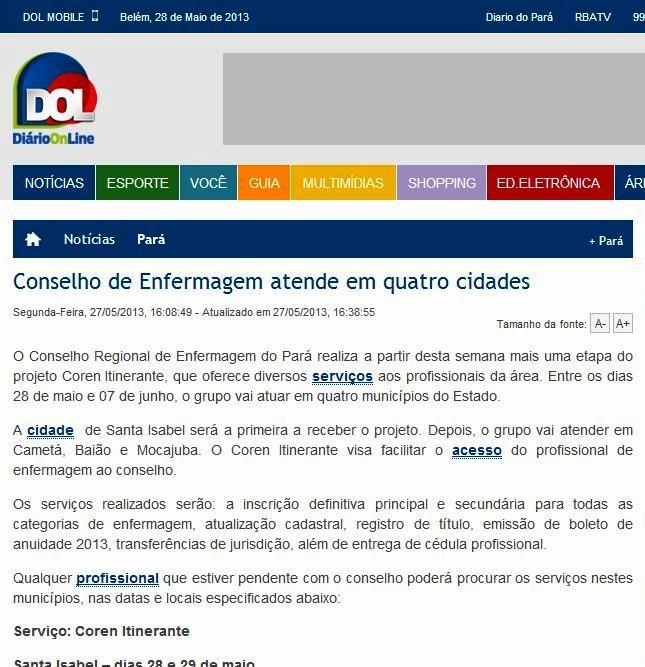 Portal DOL -Diário On Line, dia 27 de maio de 2013