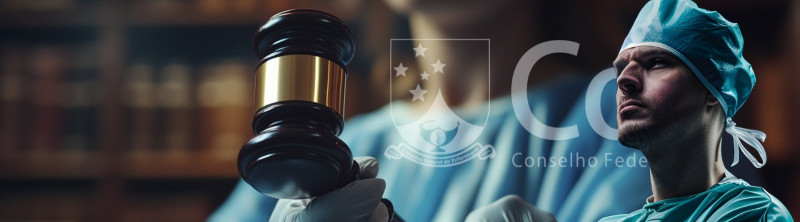 A imagem mostra um contexto que une saúde e justiça. No lado direito, um profissional de saúde está vestido com touca cirúrgica, jaleco estéril verde e luvas, olhando para frente com expressão séria e postura firme. No centro, uma mão enluvada segura um martelo de madeira com detalhe metálico dourado, simbolizando o poder da justiça. Ao fundo, o ambiente desfocado parece ser uma biblioteca, com estantes de livros. Sobreposto à imagem, no canto superior, está o logotipo do Conselho Federal de Enfermagem (Cofen), indicando a relação entre a enfermagem e o campo jurídico. A composição tem tons predominantes de azul e dourado, criando uma atmosfera de seriedade e profissionalismo.