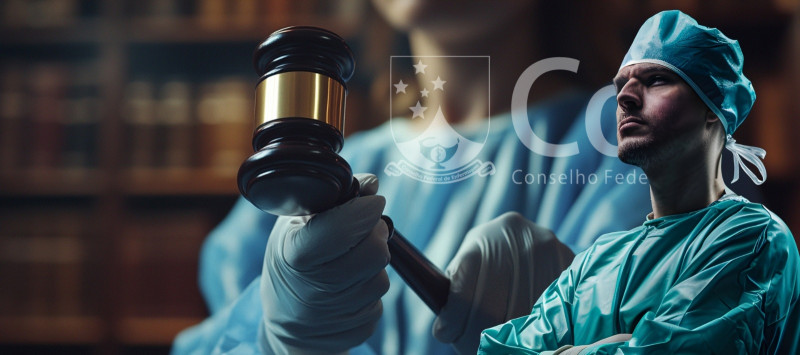 A imagem mostra um contexto que une saúde e justiça. No lado direito, um profissional de saúde está vestido com touca cirúrgica, jaleco estéril verde e luvas, olhando para frente com expressão séria e postura firme. No centro, uma mão enluvada segura um martelo de madeira com detalhe metálico dourado, simbolizando o poder da justiça. Ao fundo, o ambiente desfocado parece ser uma biblioteca, com estantes de livros. Sobreposto à imagem, no canto superior, está o logotipo do Conselho Federal de Enfermagem (Cofen), indicando a relação entre a enfermagem e o campo jurídico. A composição tem tons predominantes de azul e dourado, criando uma atmosfera de seriedade e profissionalismo.